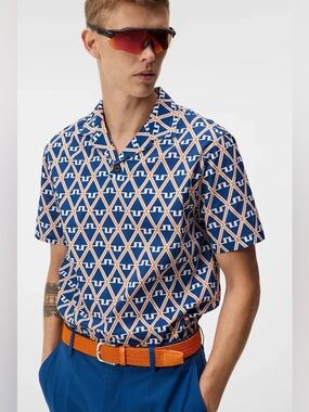 J.Lindeberg Tour Tech Diamond Print Polo Monogram Resort Shirt | Size Large